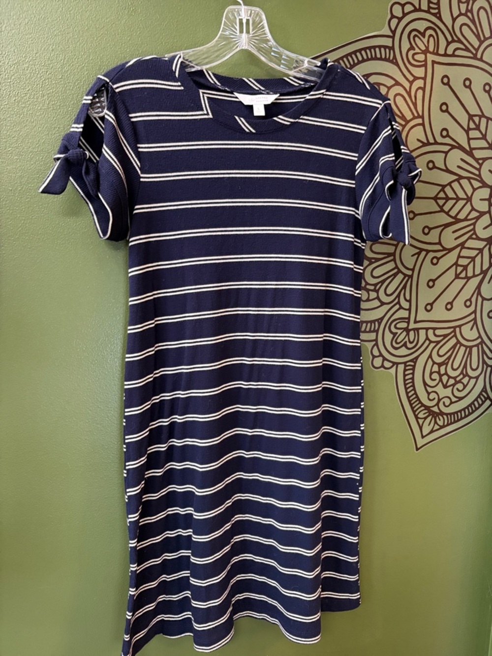 LC Lauren Conrad Navy and White Striped Knit Dress with Tie Sleeve Detail Size S